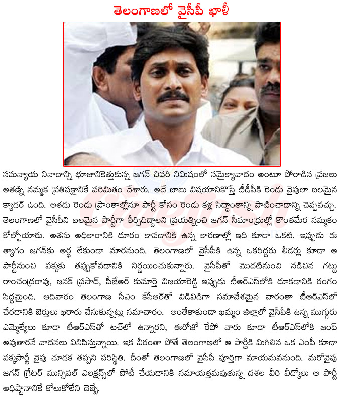 jagan mohan reddy,ysr congress in telangana,ycp leaders jump,vijaya reddy joining trs,ycp mlas in telangana,ycp mp in khammam,ghmc elections,jagan stand on telangana  jagan mohan reddy, ysr congress in telangana, ycp leaders jump, vijaya reddy joining trs, ycp mlas in telangana, ycp mp in khammam, ghmc elections, jagan stand on telangana